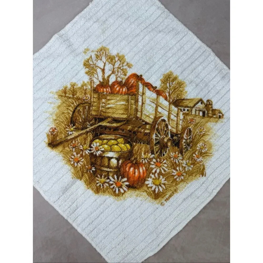 Vintage Hand Towel and Washcloth Set 1970s MCM Franco Pumpkin Wagon